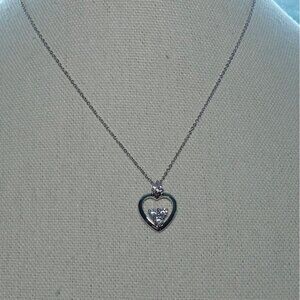 Silver Heart Pendant Necklace W/ Clear Cubic Zirconia Stones Adjustable Chain 1